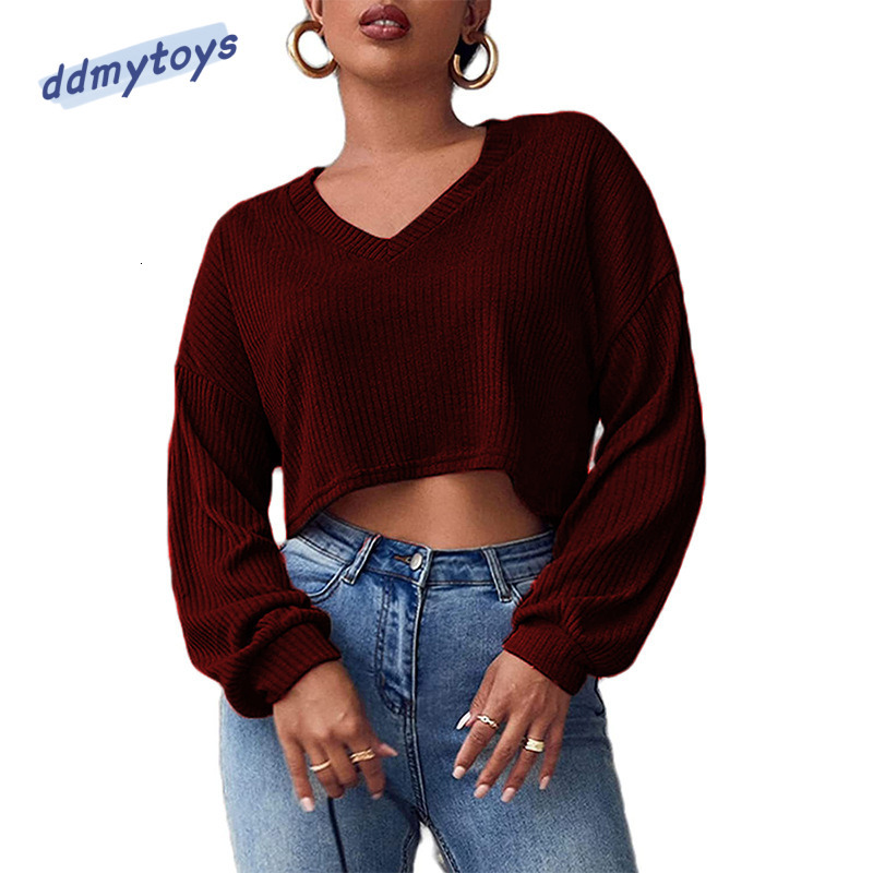 dongdumaoyi autumn and winter casual solid color long sleeved loose knit V neck crop top T shirt women 's clothing F1008#21