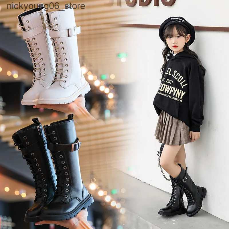 Boots Girls Boots 2023 Autumn New Fashion Leather Knee-length Long Boots Princess High Top Kids Shoes Casual Children Cotton Boots L240910