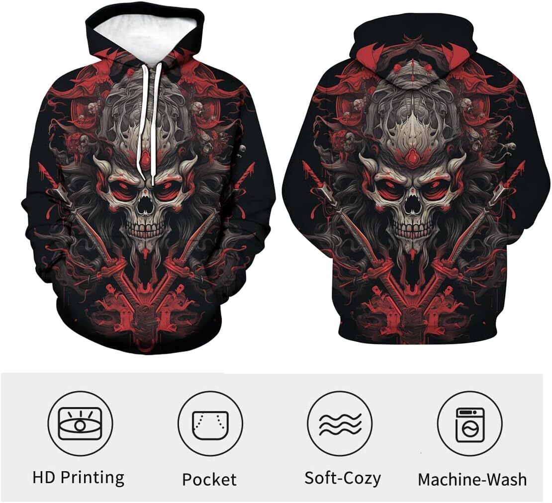 Hoodie for Mens Womens Mens Skull King Hoodies Retro Printed Hooded Japanese Samurai Casual Sweatshirt Hoodie Graphic Hoodies sweatshirt