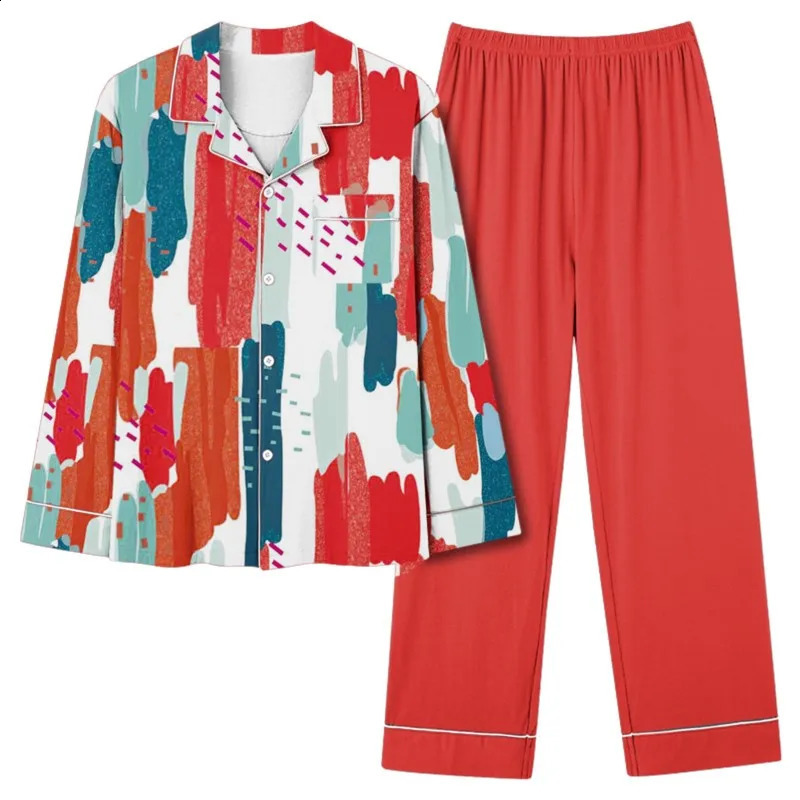 twopiece womens pocket lapel top and pants elegant comfortable loose fashionable ly printed pajamas 241008