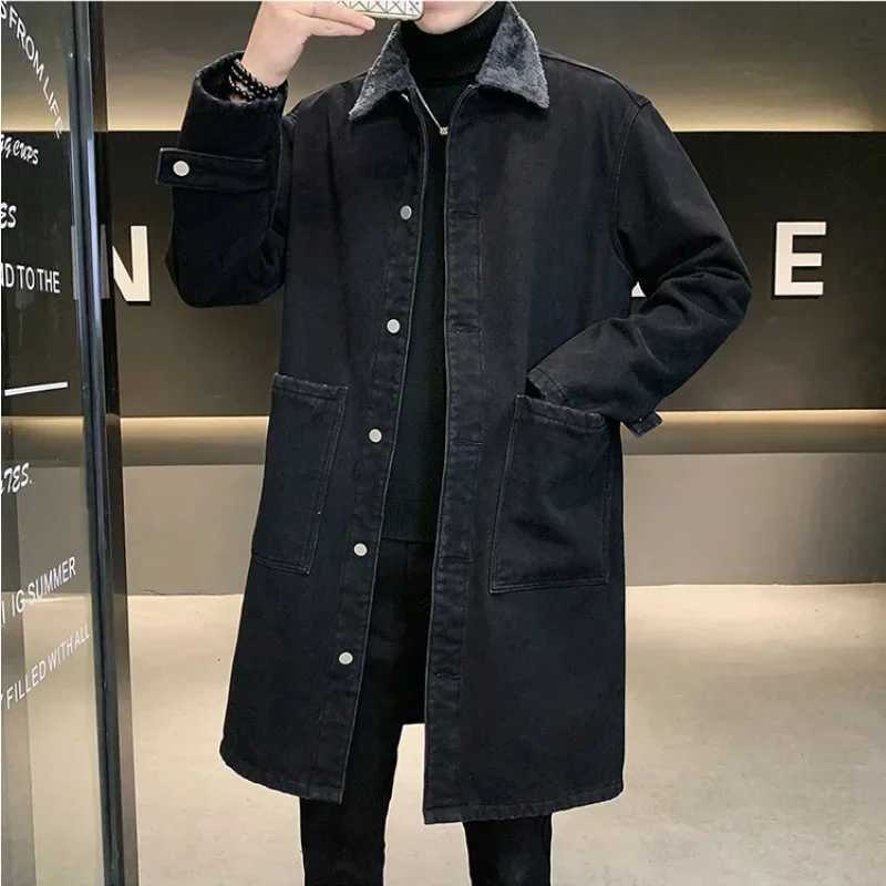 Mens denim trench coat large-sized cashmere and wool thick autumn and winter hot coat medium length ZL87 W241007