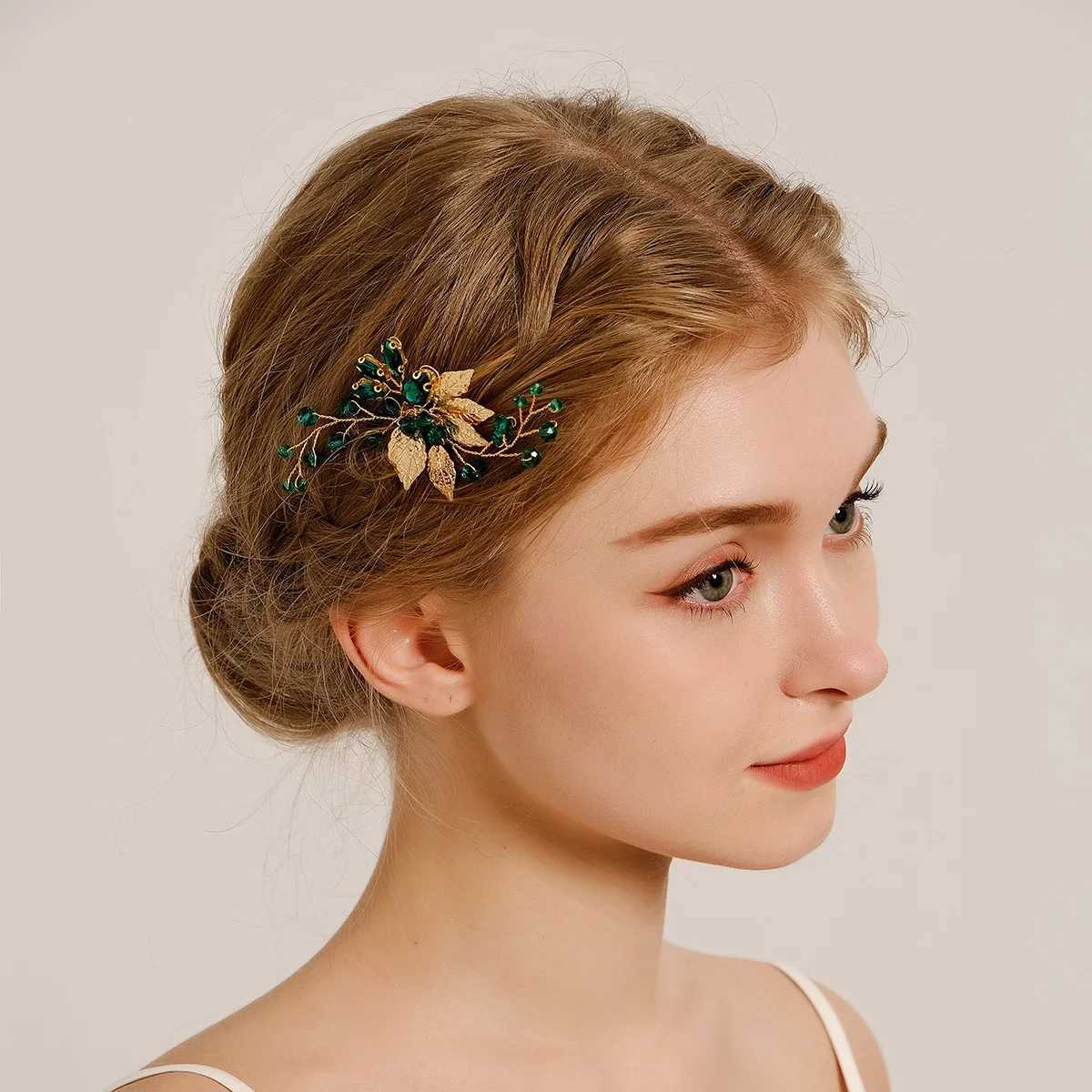 Fashionable green hair comb and pin set rhinestone crystal hair clip bridal wedding jewelry accessories bridal maid gifts W241007