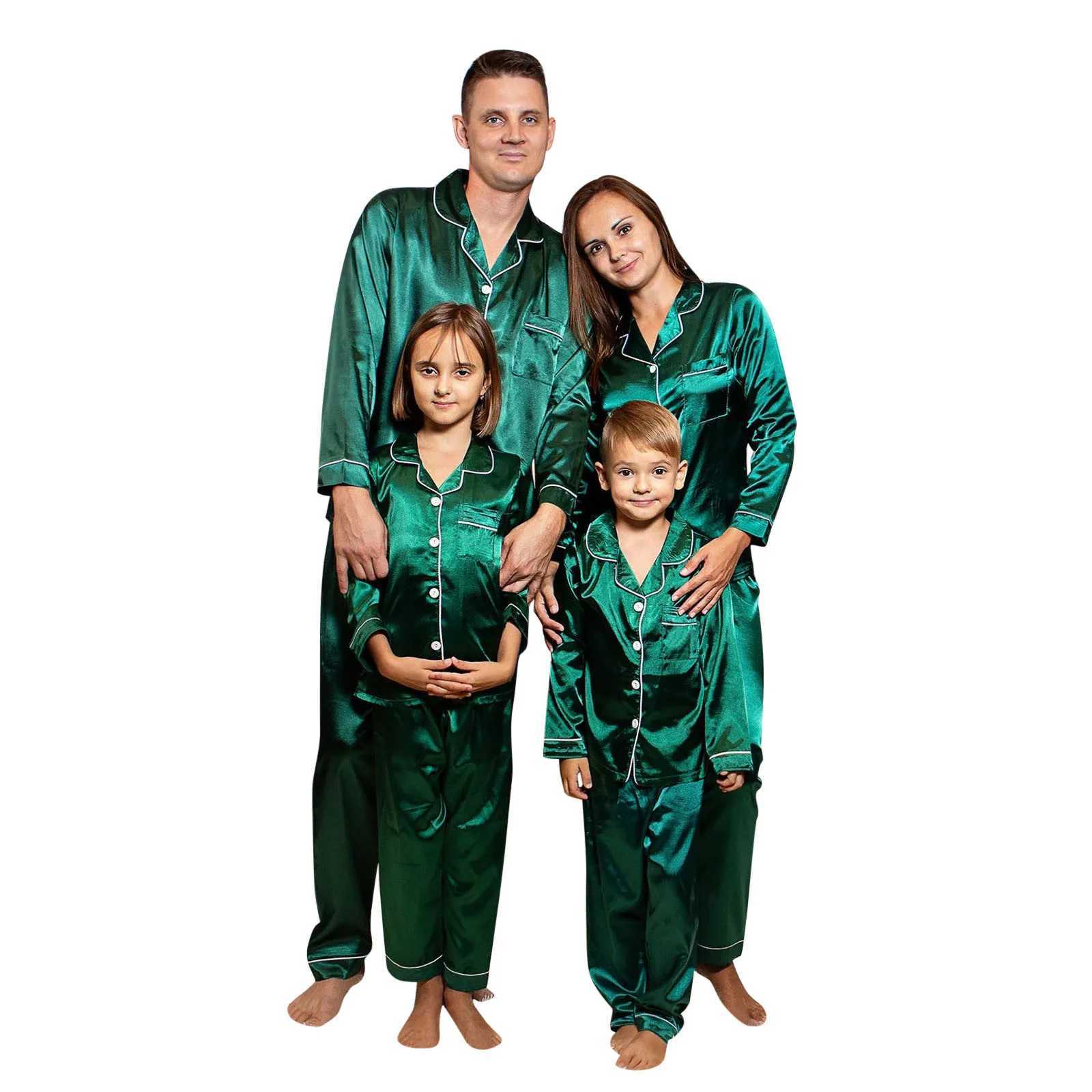 2PCS Christmas satin pajamas PJ solid color family matching Christmas long sleeved pajamas set W241008