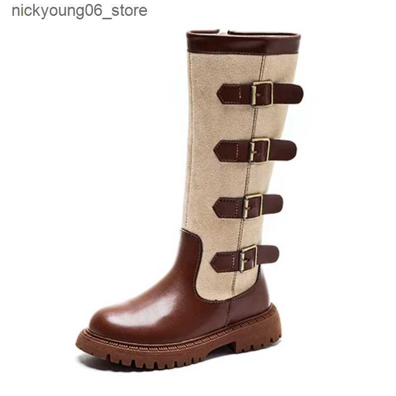 Boots Retro Buckle Girls Long Boots 2024 Autumn New Fashion Knee-length Boots Princess High Top Casual Children Shoes L240910