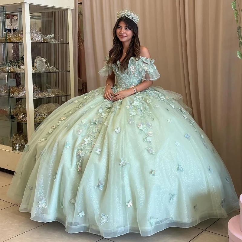 Sage Green Luxury Off The Shoulder Quinceanera Dresses Applique Lace Bow Tull Birthday Party Prom Vestidos De 15 Anos Ball Gowns Sweet 16 Dress