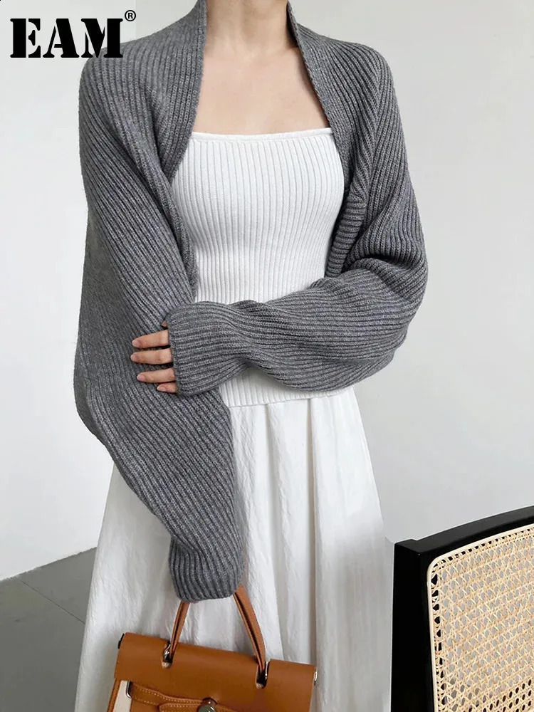 EAM Elegant Gray Knitting Cardigan Sweater Loose Fit VNeck Long Sleeve Women Fashion Autumn Winter 2024 1DF2337 240924