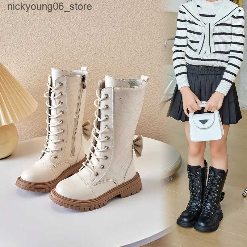 Boots Autumn Winter Girls Casual Boots Fashion Show Children High-top Boots Bow Princess Shoes Windproof Waterproof Outdoor Kids Shoes L240910