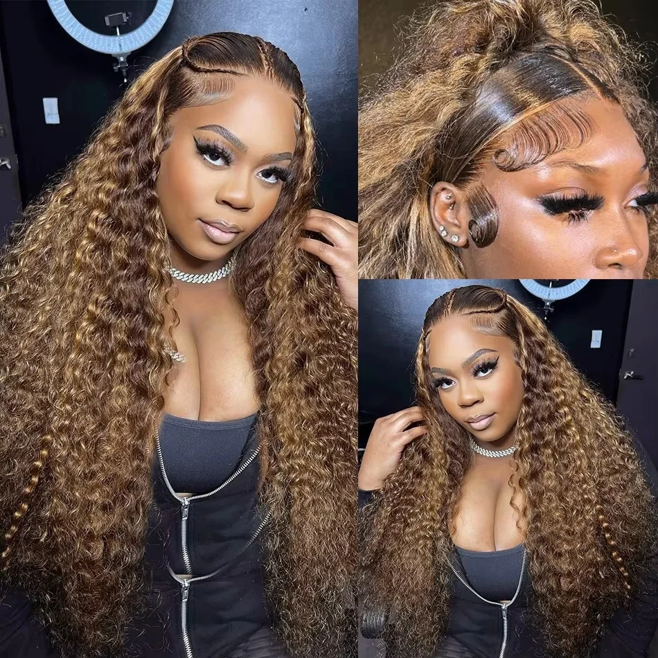Curly Brown 160 Density Lace Frontal Wig 427 Highlight Ombre HD Deep Wave 28 30 32 Inch 13x4 Human Hair Lace Front Wig african