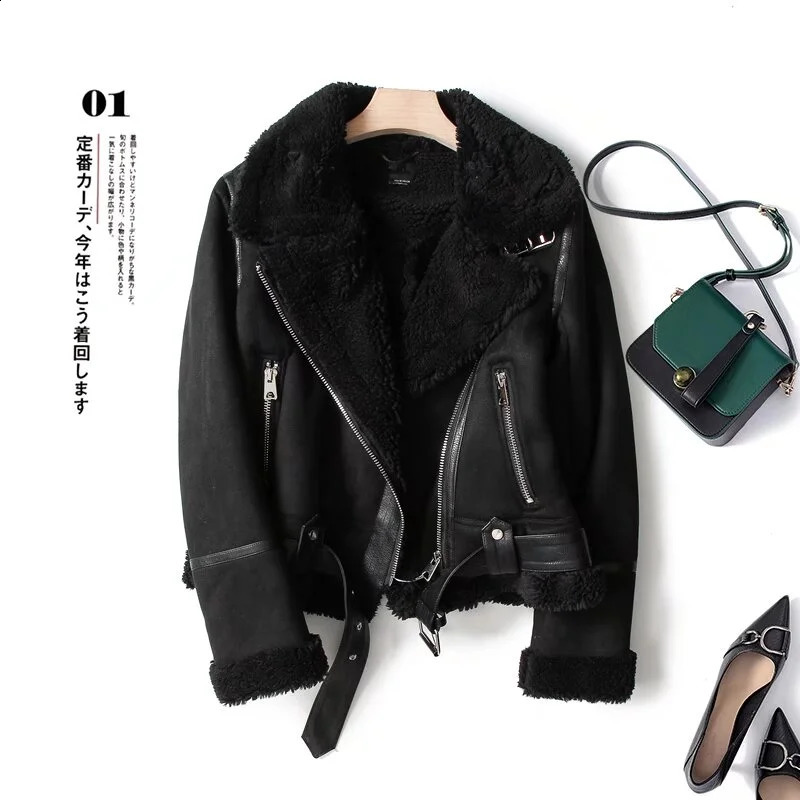 Womens faux fur sheepskin coat suede jacket with belt casual thick warm bicycle jacket zipper oversized leather windproof jacket 240930