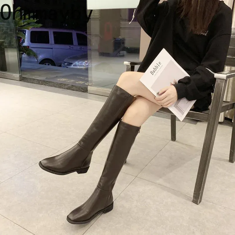 Cotton Women Knee High Boots Fashion Zippers Ladies Elegant Low Heel Long Booties Winter Soft Leather Women's Footwear 241123 241126