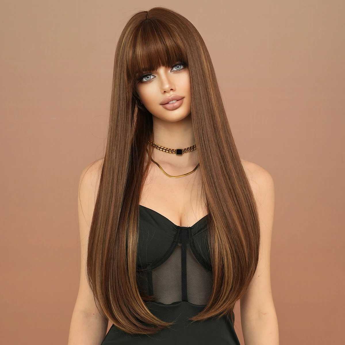 NAMM Dark Brown Long Straight Wig For Woman Daily Party Cosplay Blone Highlights Natural Synthetic Wig With BangsXJ241008