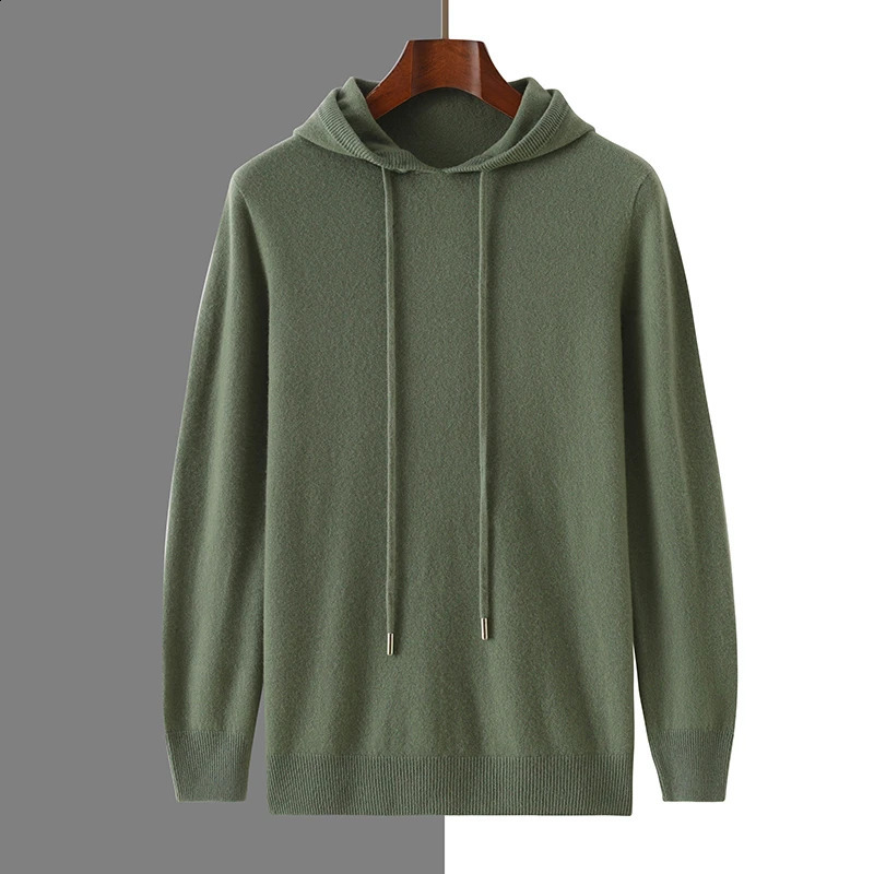 2024 Autumn Winter Cashmere Sweater Mens 100 Wool Hooded Collar Knit Pullover Business Casual Long Sleeved Sports Hoodie 240930