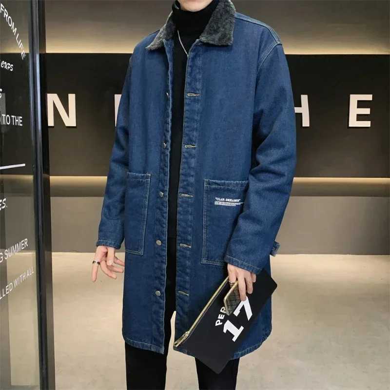 Mens denim trench coat large-sized cashmere and wool thick autumn and winter hot coat medium length ZL87 W241007