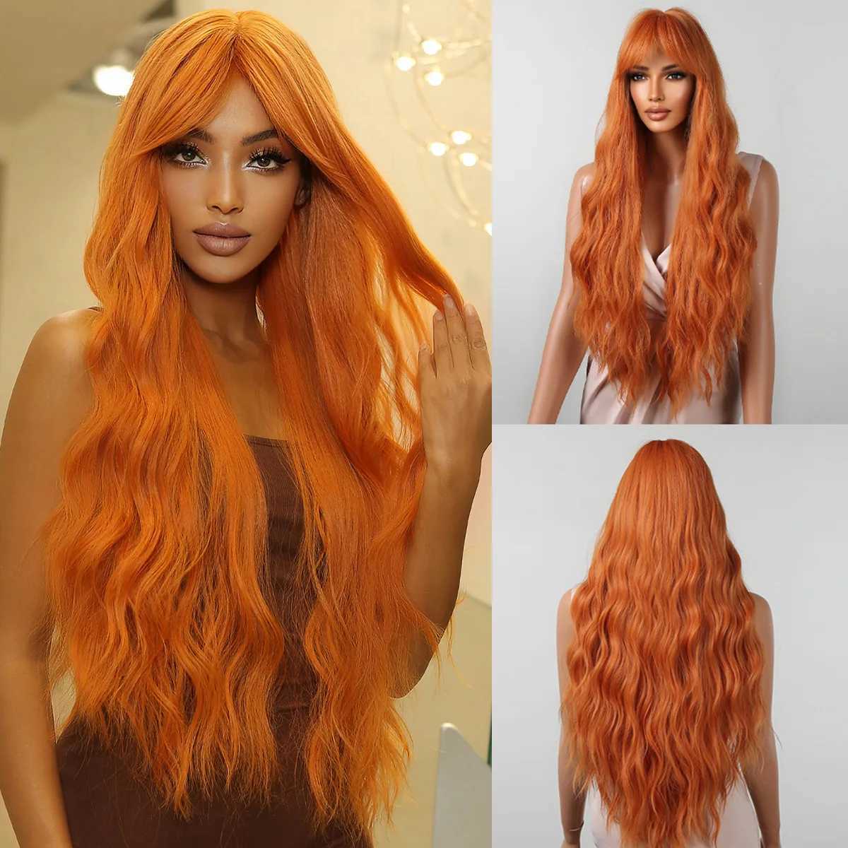 Long Curly Ginger Orange Synthetic Wigs with Long Bangs Deep Wave Wig for Black Women Cosplay Party Natural Hair Heat ResisitantXJ241008