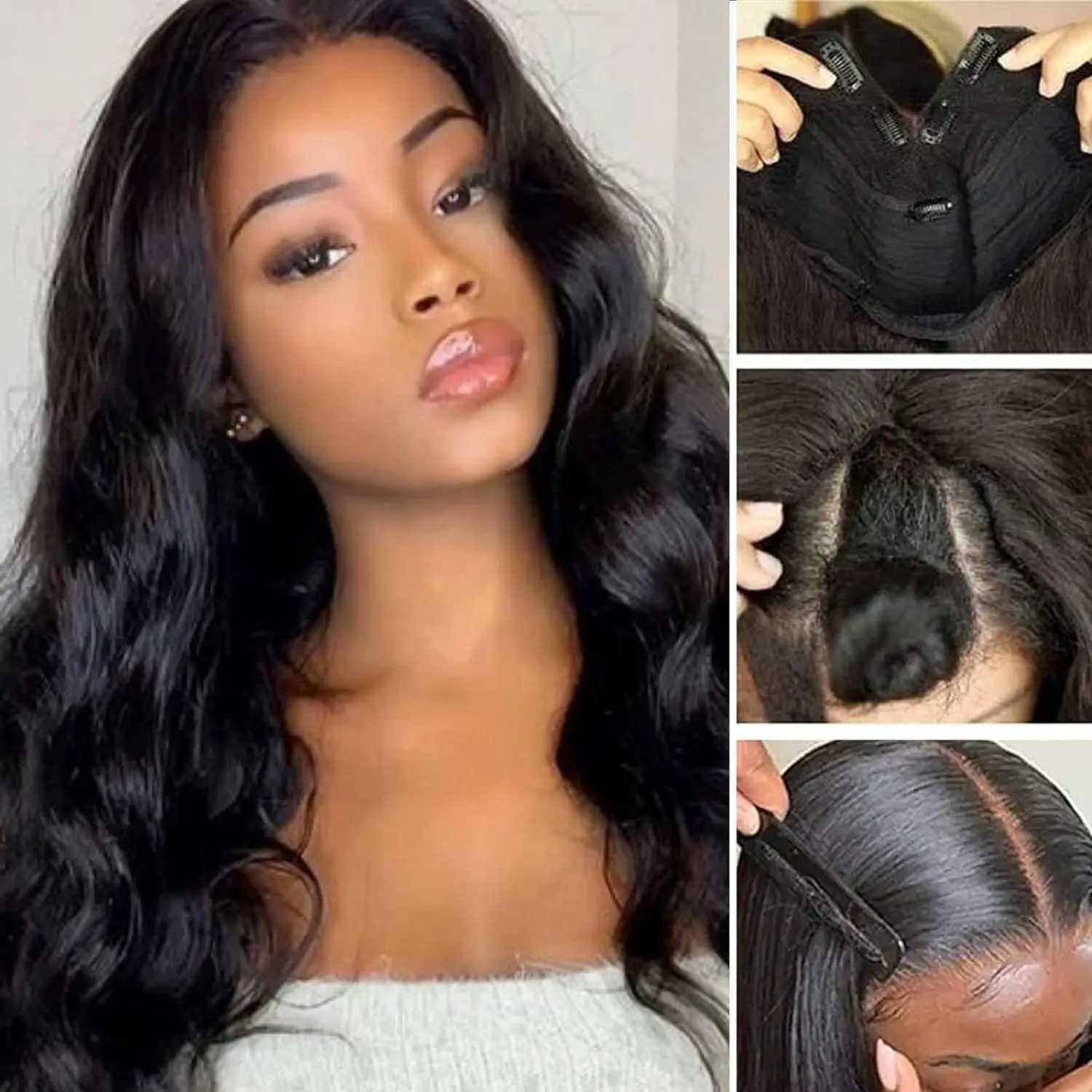 30 Inch V Wig Body Wave Synthetic U Wigs For Women Full Head Clip In Hair Natural Black No Leave Out Thin Part Wigxj241008