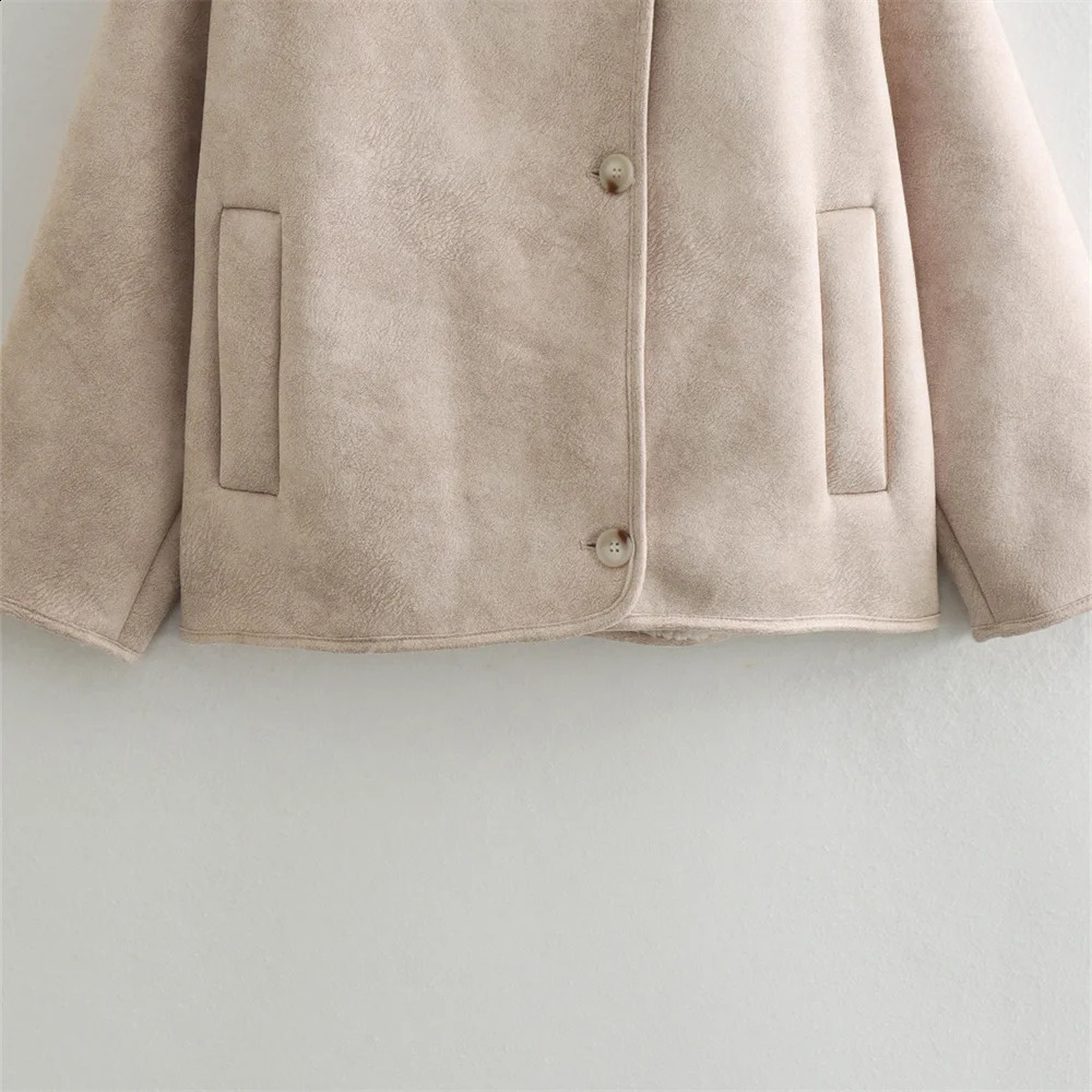 TRAF early autumn womens casual fully matched simple suede plus velvet warm long sleeved jacket 241007