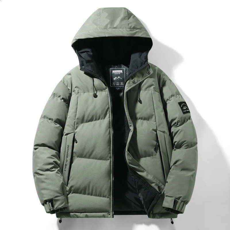 Travel camping jacket mens casual and fashionable down jacket mens winter windproof and warm park thick solid color hooded jacket 241007