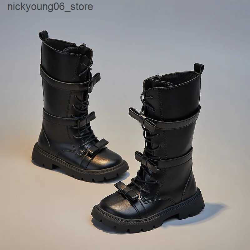 Boots 2023 Autumn Winter Girls Boots British Style Children High Top Boots Bow Princess Long Boots Outdoor Non-slip Kids Casual Shoes L240910