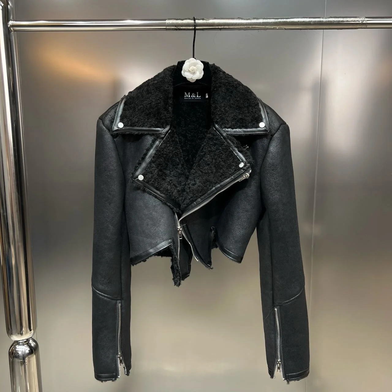 PREPOMP Winter Collection Collar Zipper Sleeve Cuff Artificial Fur Jacket Womens Irregular Jacket GH010 240930