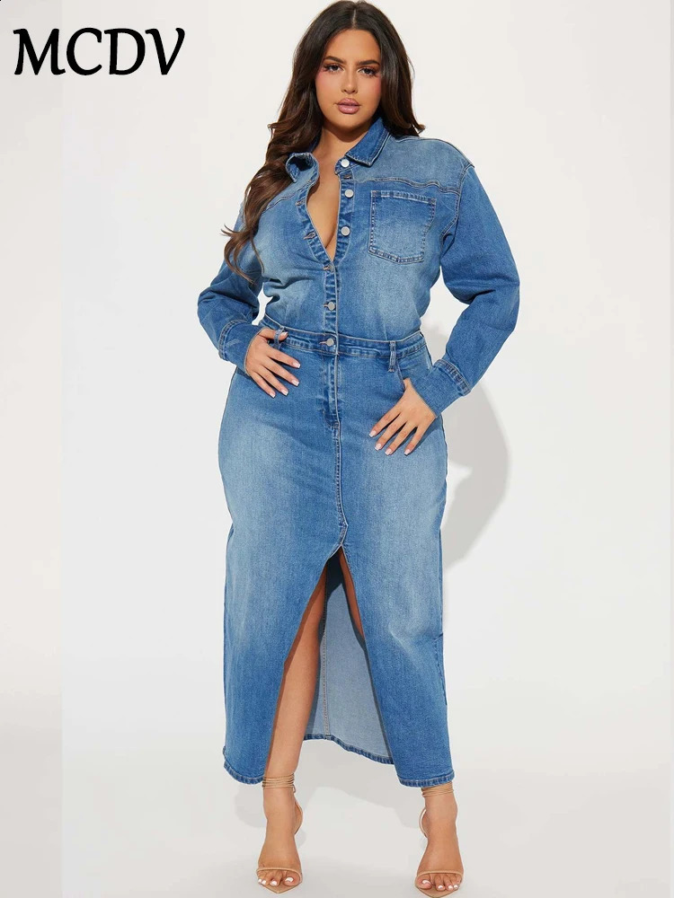 MCDV denim split style womens long skirt autumn sleeved single chest pocket dress with lapel office jeans 241007