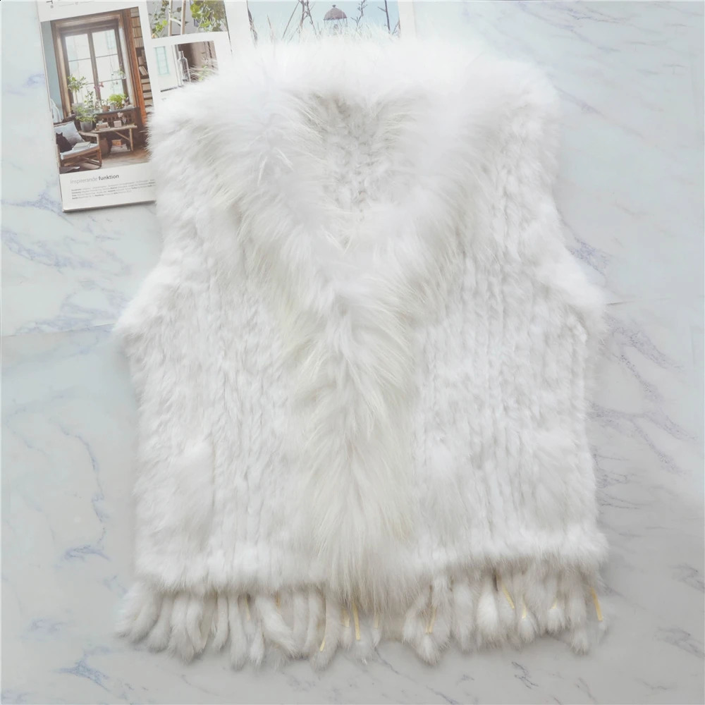 Womens genuine rabbit fur vest tassel coat raccoon fur collar jacket waist clothing wholesale direct 240924