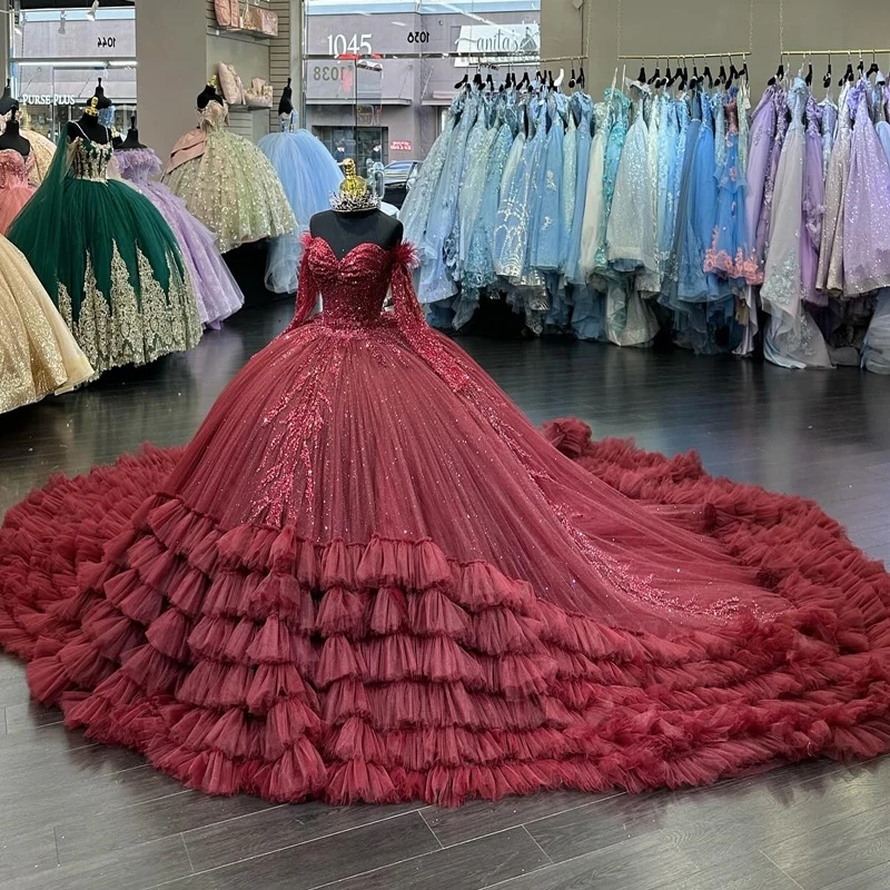 Red Princess Quinceanera Dresses Off Shoulder Applique Lace Beads Tull Tiered Lace-Up Corset Vestidos De 15 Anos Sweet 16 Dress