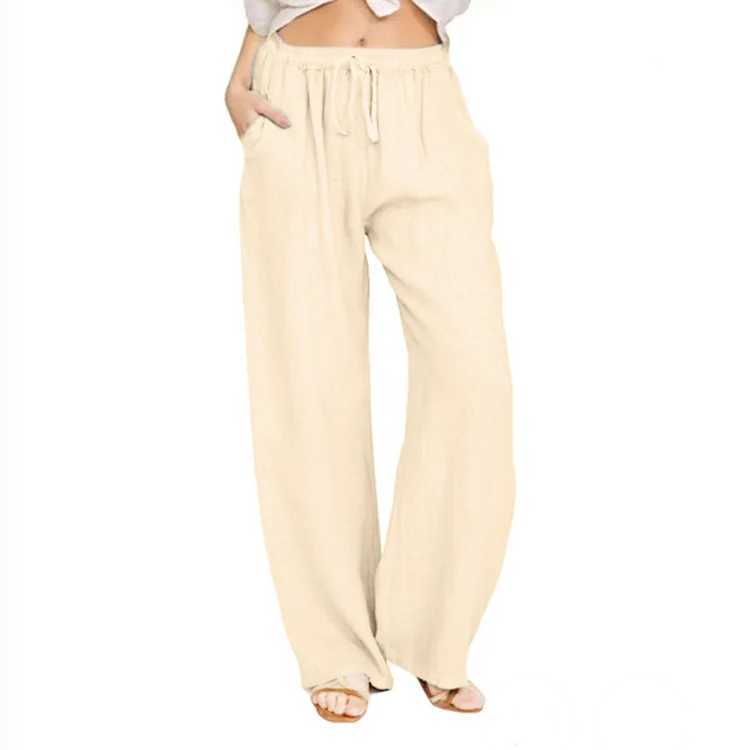 Women Cotton Linen Pants Fashion Solid Color Elastic Waist Loose Straight Pants Female Ankle-length Trousers Summer Casual PantsX241008