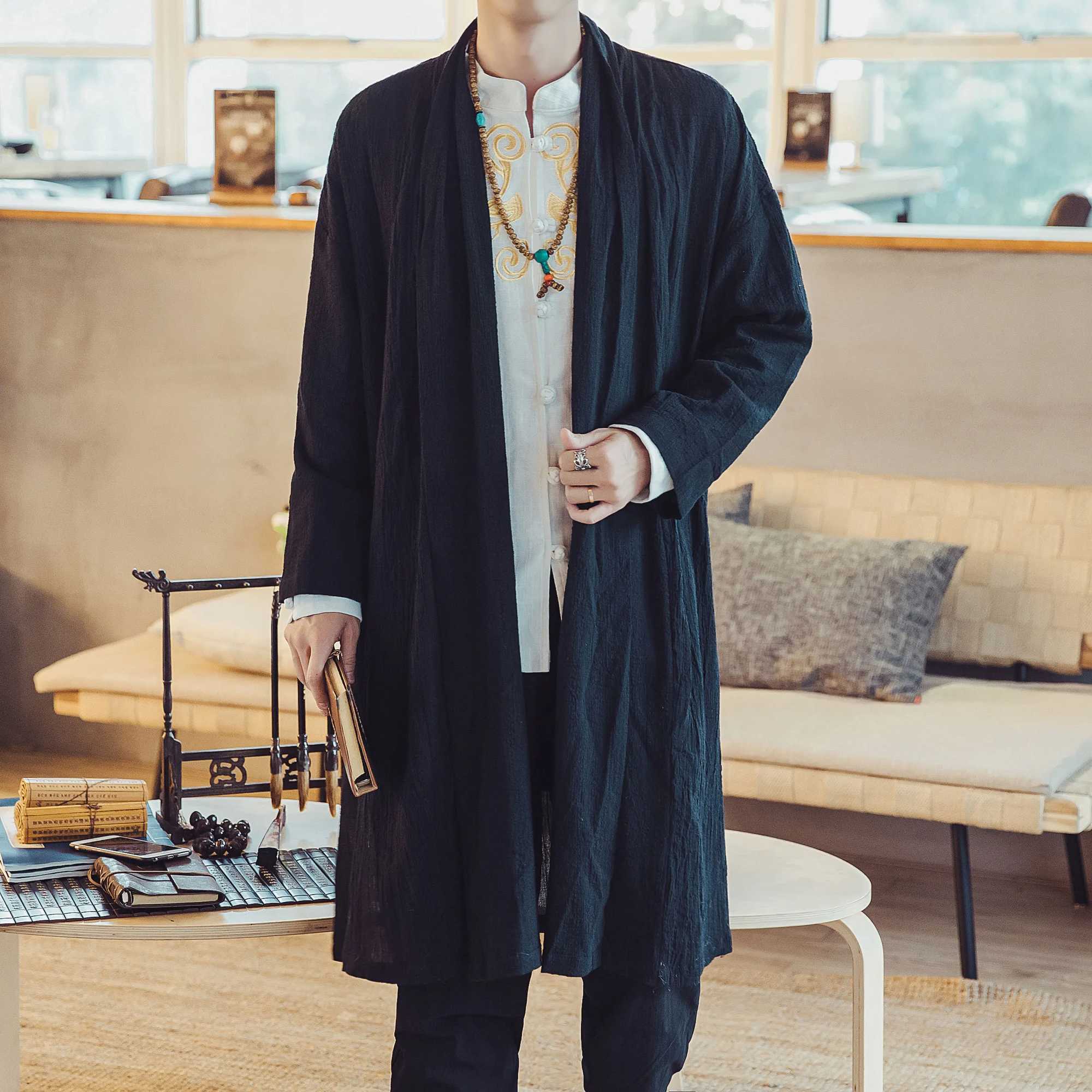 Mens loose retro cotton linen trench coat plus size casual long open collar kimono jacket mens Chinese style black windproof jacket 5XL W241007
