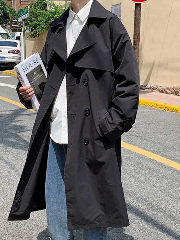 Gmiixder Spring Black Windproof Mens Medium length Trench Coat Trend Casual Personalized Long Jacket Japanese Temperature Apricot Tree Top W241007