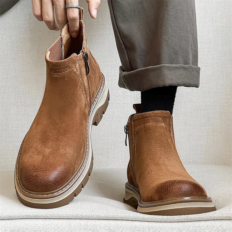 Fashion Trends Mens Side Zipper Genuine Leather Ankle Slip-on Man Business Shoes Cowhide Boots 240929