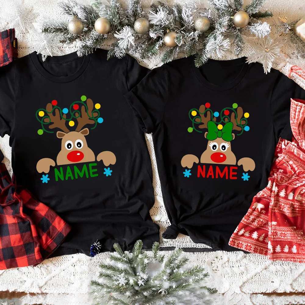 Match Christmas Family Shirt Custom Name Reindeer Graphic T-shirt for Personalized Family Holiday Mom and Dad My Shirt W241008