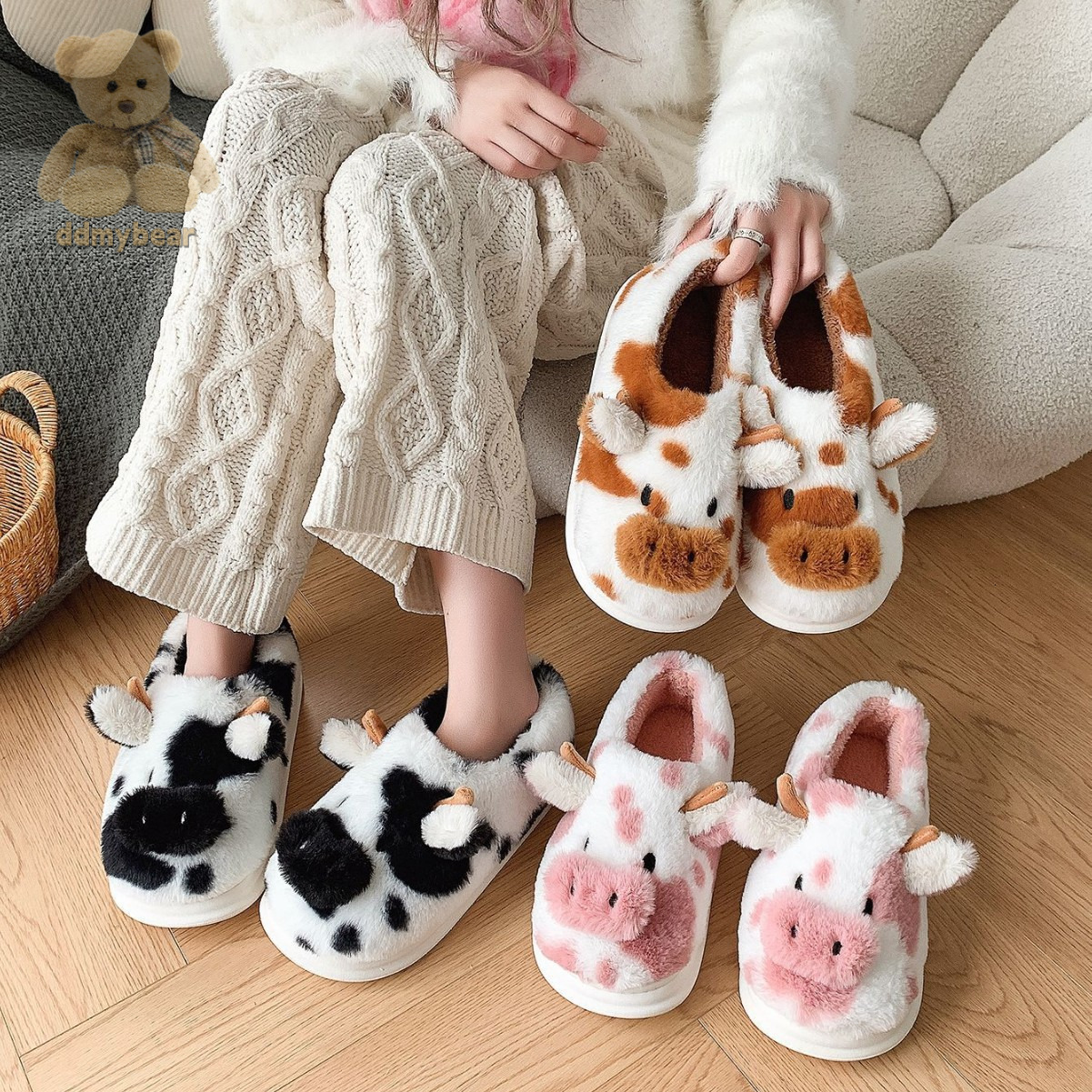 Ddmybear Thickened Bag Cartoon Cow Fur Slippers, Winter Leisure, Indoor Home, Warm And Non Slip Headband Chinese Brand Shoes F1008-25