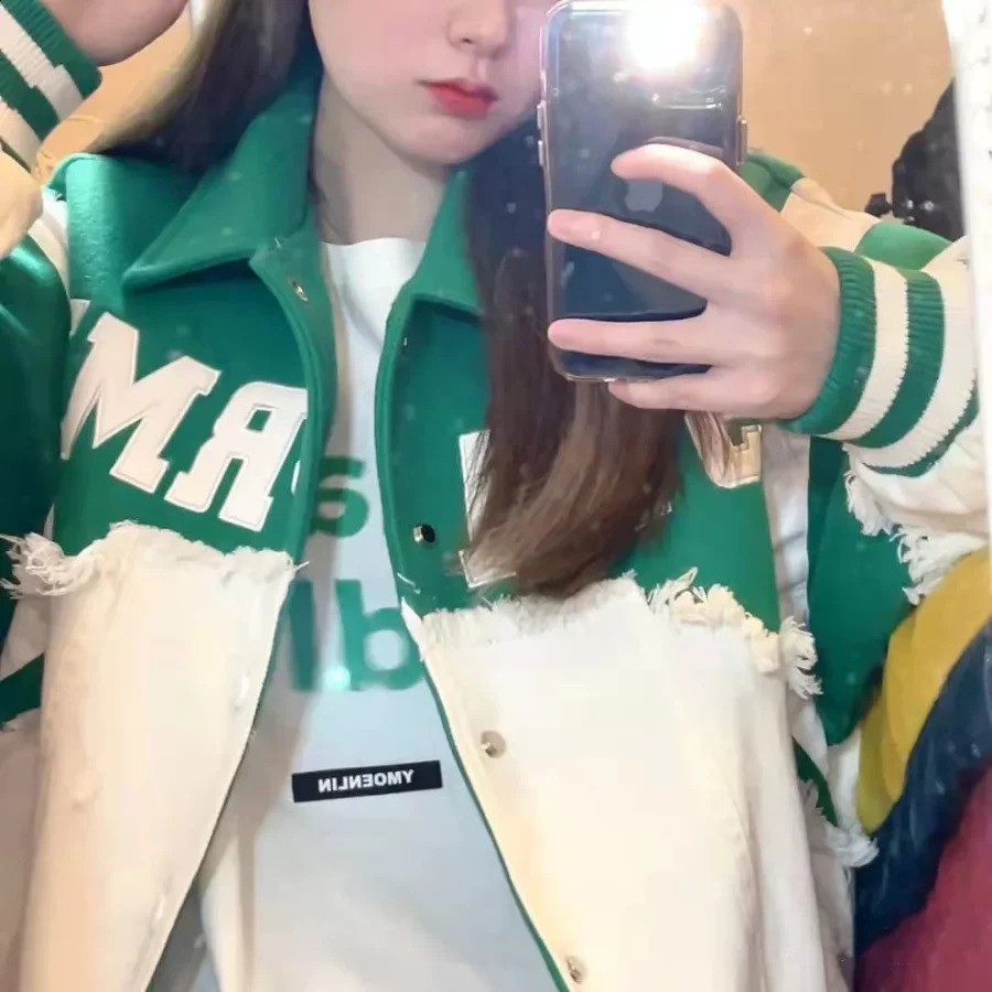 womens denim patch work jacket oversized sports top bomber jacket American streetwear retro baseball shirt 240930