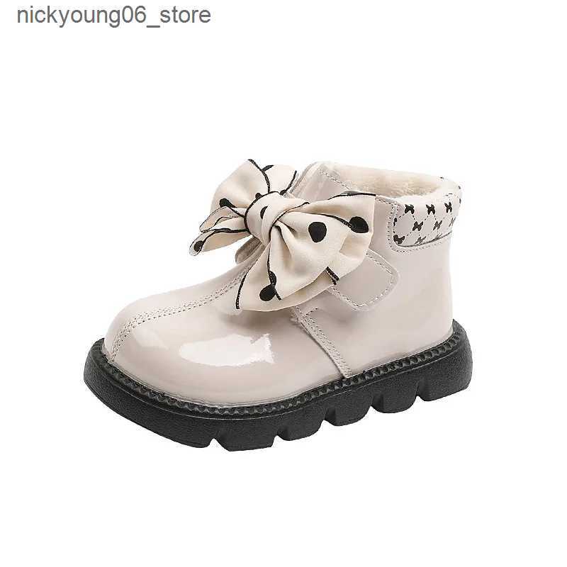 Boots Bow Design Girl Leather Boots for Kids Autumn Winter Plus Cotton Warm Snow Boots Waterproof Non-slip Princess Short Ankle Boots L240910