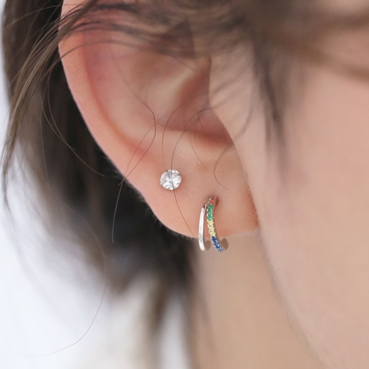 Needle Rainbow Pure Sier Earnail Female Flash Dia Double layer Earring Buckle Earrings Circle Internet Celebrity Niche