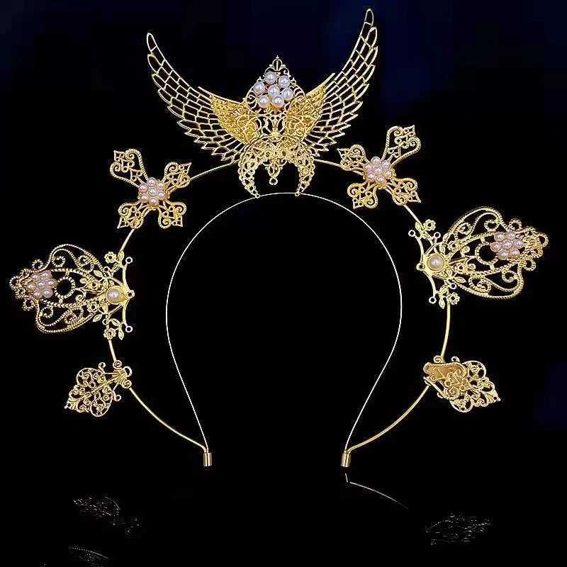 Goddess Halo Tiara Golden Crown Bridal Headband Pearl Accessories and Wings Tiara Photo Studio Photos Tiara Clothing Headband W241007