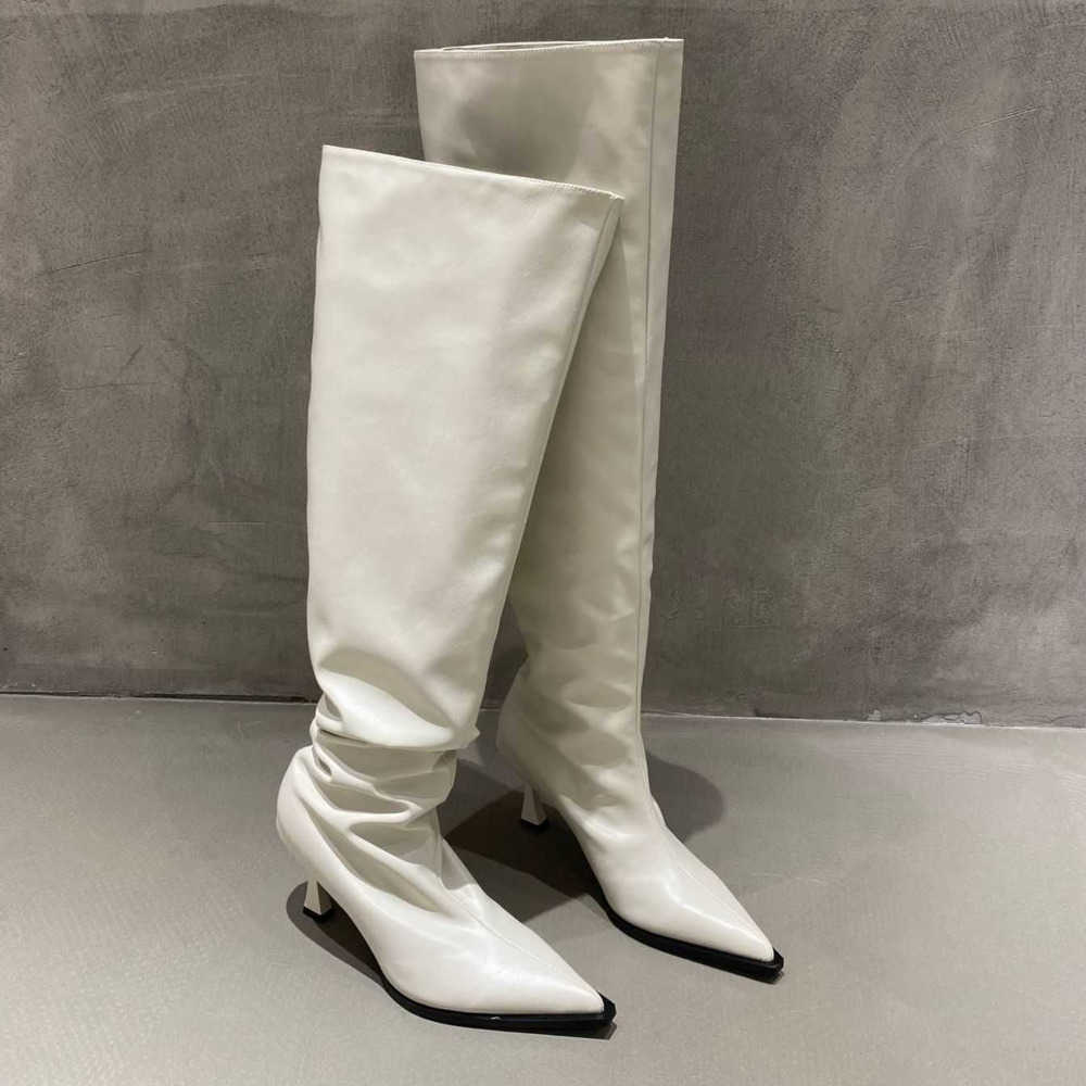 Spicy Girl Up Martin Boots Wide Tube Long Fashion Boots For Women Slimming Pointed High-heeled Soft Leather Boots Knee Long Tube Boots 240826