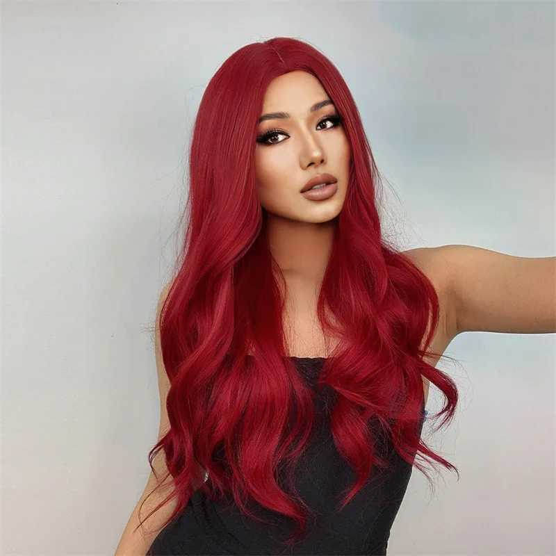 Hot red long curly hair in the parting fluffy big wave synthetic high temperature silk mechanism full head wigXJ241008