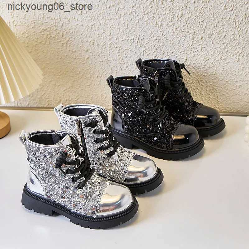 Boots 2024 Autumn New Girls Ankle Boot Sequins Versatile Kids School Black Boots Fashion Causal Children Leather Boots soft sole L240910