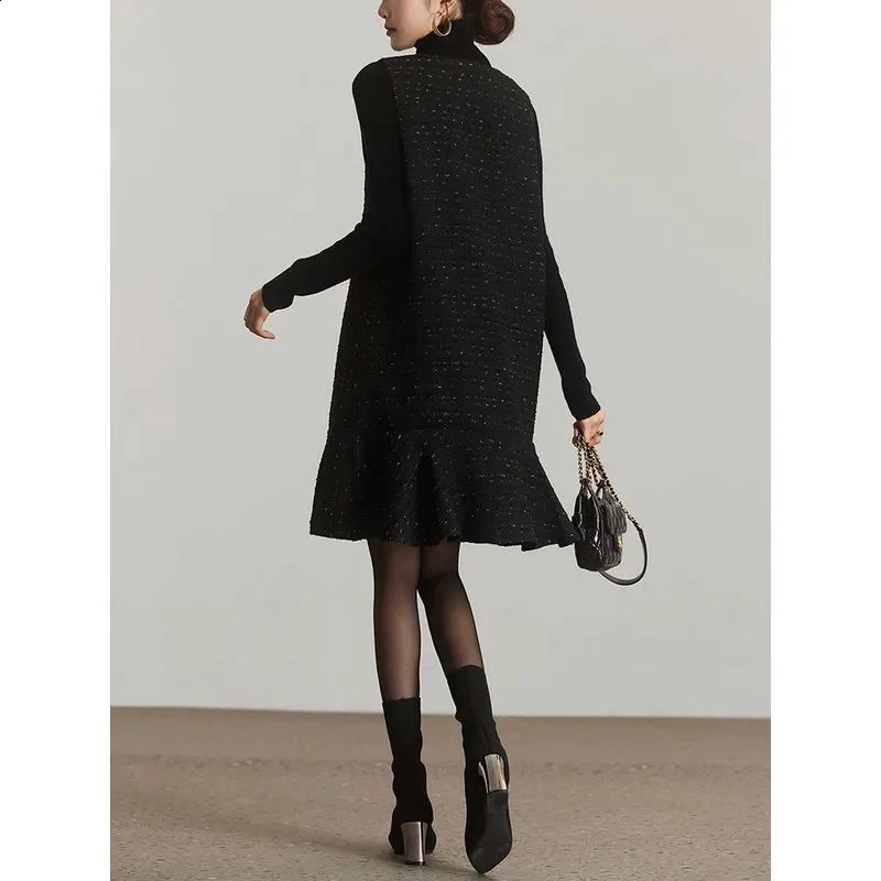 MEXZT retro coarse woolen mini dress womens elegant pleated Vneck onepiece winter black sun skirt Korean sleeveless vest 241007