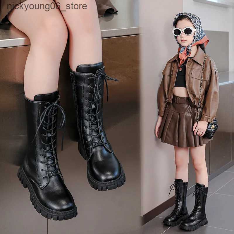 Boots Girls Princess High Boots Black Beige Versatile Kids Causal Boots Spring Autumn Non-slip Childrens Long Boots Solid Color PU L240910