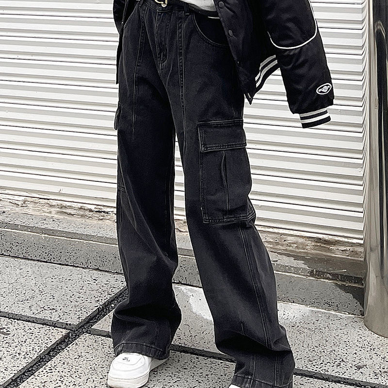 American New Style Retro Multi-Pocket Casual Overalls Y2k Women Low-Waist Hip-Hop Slim Loose Couple Straight Pants