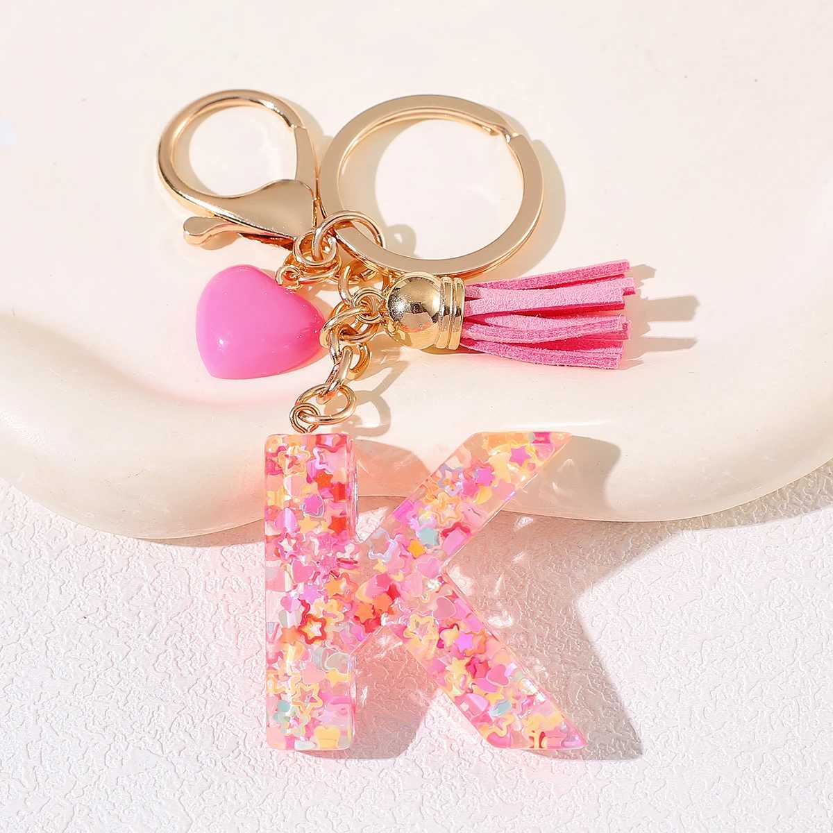 Pink English letter keychain with tassel Love keychain Crystal drop glue initial pendant girls backpack hanging holiday giftX241008