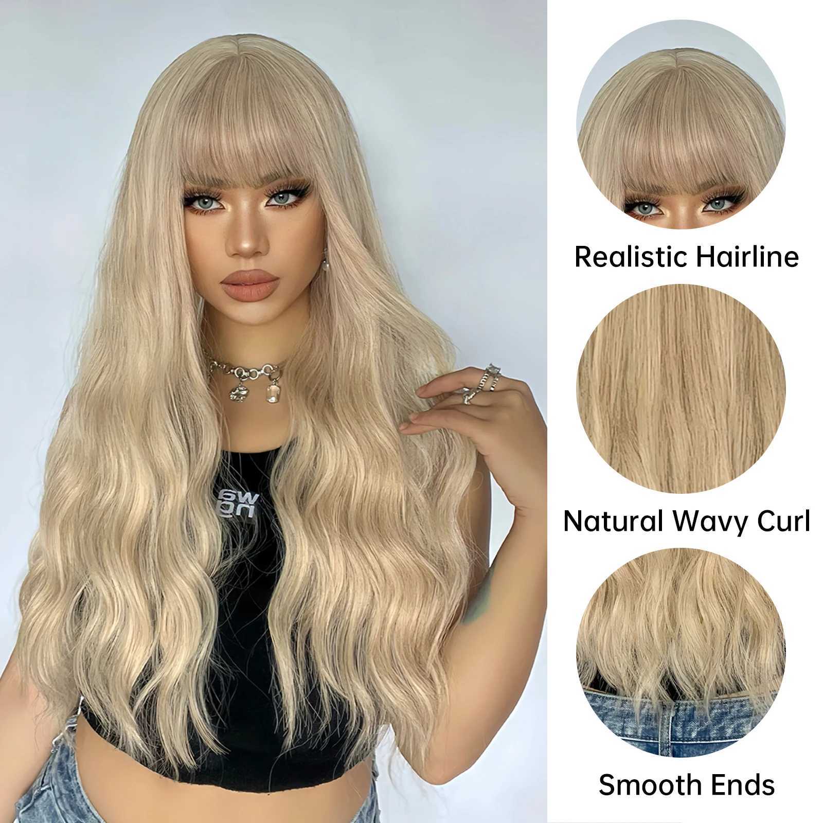Blonde Long Curly Synthetic Wigs for Women Light Yellow Body Wave Natural Hair Wig for Cosplay Heat Resistant Hair With BangsXJ241008