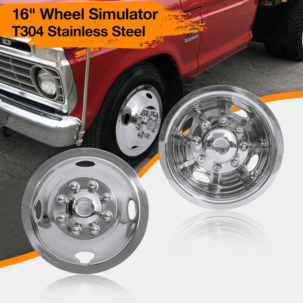 16 inch Wheel Simulator Kit, 8 Lug, Snap On, Stainless Steel Dually wheel cover Kit for 1974-2000 Chevy GMC 3500, 1974-1998 Ford F350, 2008-2021 E350/