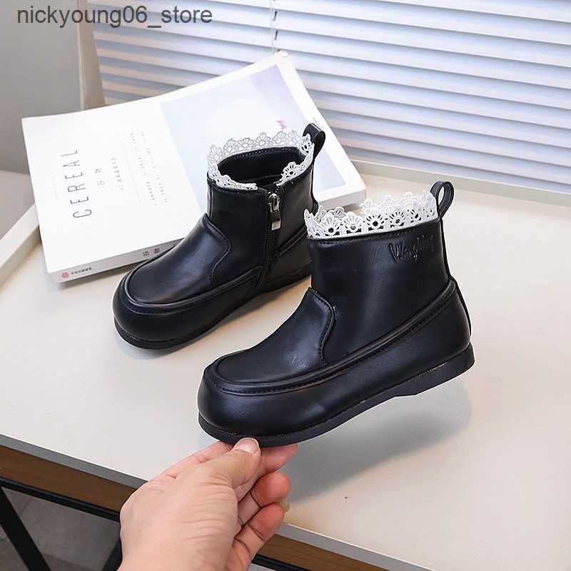 Boots Girls Ankle Boot Ruffled Edge Sweet Children Princess Black Boots Fashion Versatile Kids Elegant Short Leather Boots Non-slip L240910