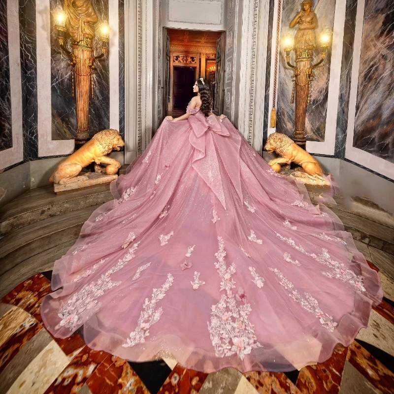 Pink Shiny Sweetheart Quinceanera Dresses Applique Lace Flower Beads Off The Shoulder Puffy Party Dress Ball Gown Vestidos De 15 Anos