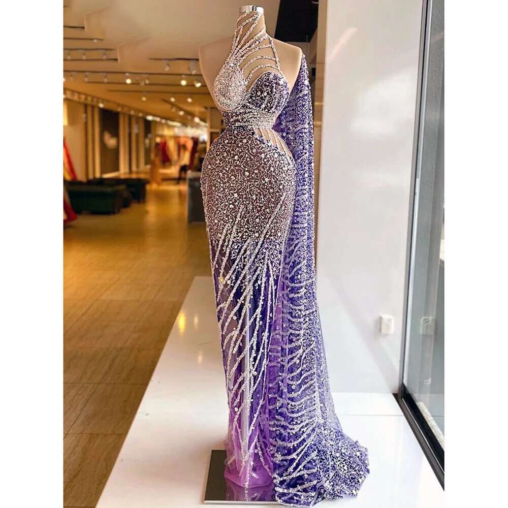 Elegant Purple Mermaid Prom Fashion Halter Sequins One-Shoulder Evening Dresses Custom Made or Length Party Gowns