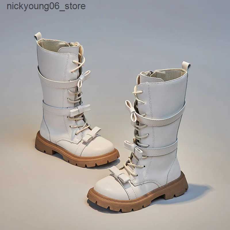 Boots 2023 Autumn Winter Girls Boots British Style Children High Top Boots Bow Princess Long Boots Outdoor Non-slip Kids Casual Shoes L240910