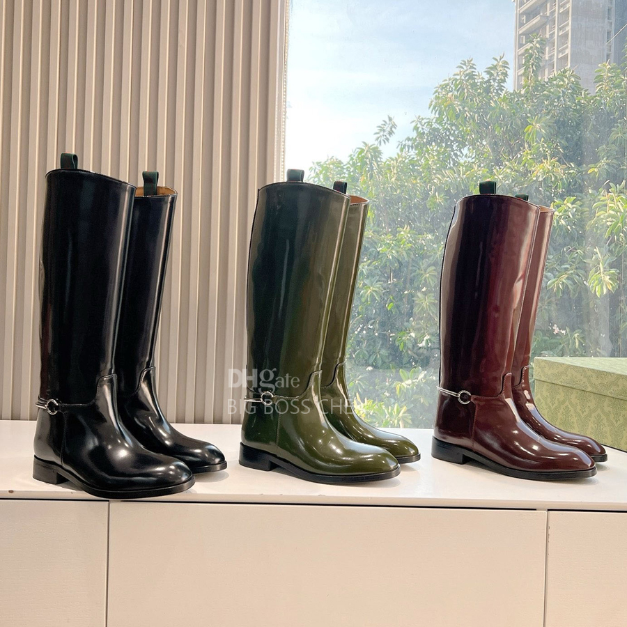Top quality Metal buckle Dark red green brown Patent leather Knee Boots Round toe Fashion Knight long boots Luxury designer tall boots womens Leather boots